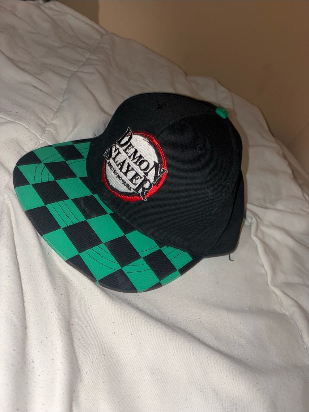 Black Baseball Cap with Green Checker Brim